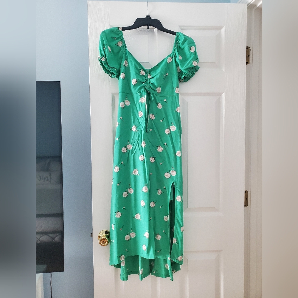 Green Floral Puff Sleeve Dress Hollister